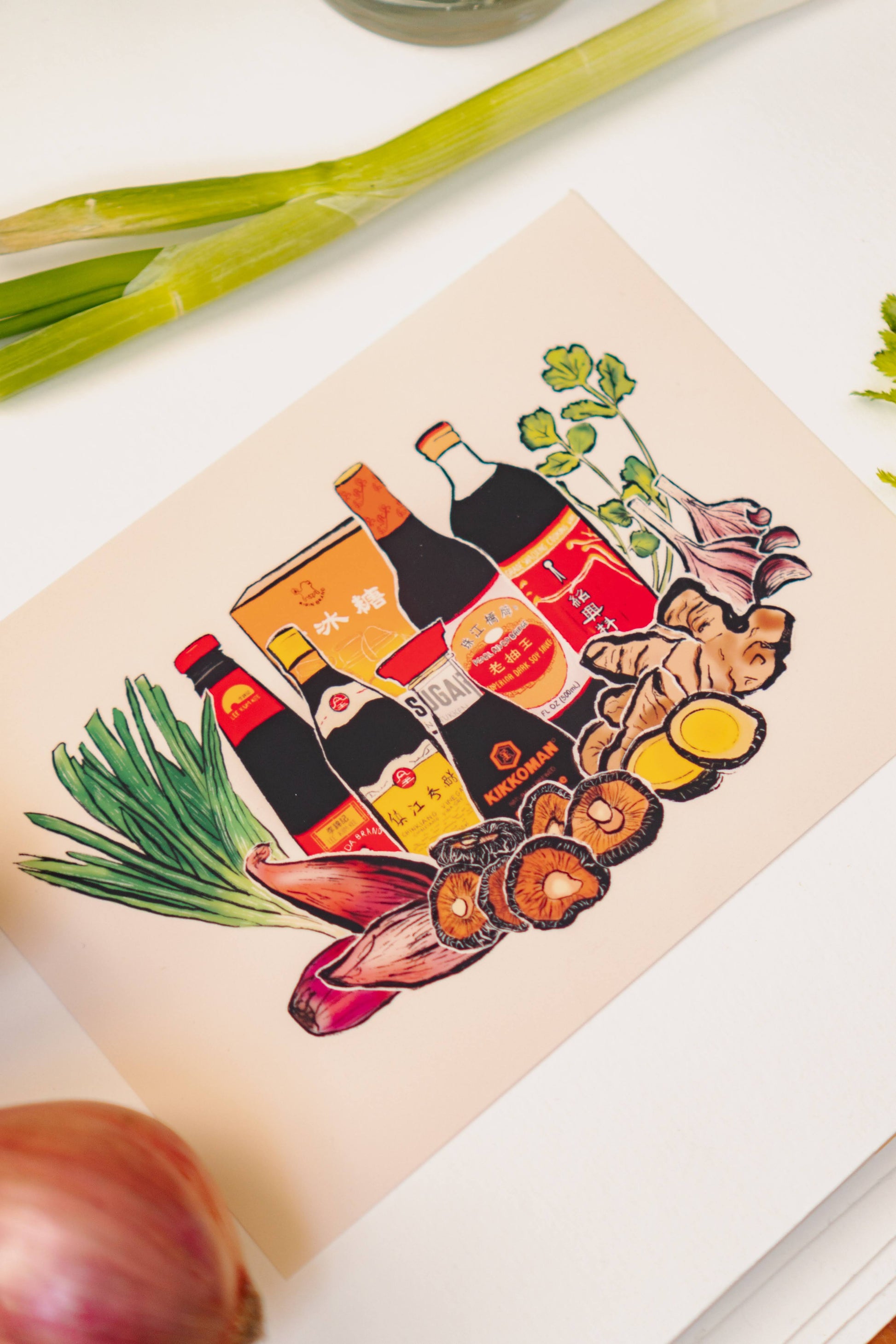 A beige watercolor print with light and dark soy sauce, oyster sauce, Chinkiang vinegar, Shaoxing wine, ginger, green onions, garlic, and shiitake mushrooms.
