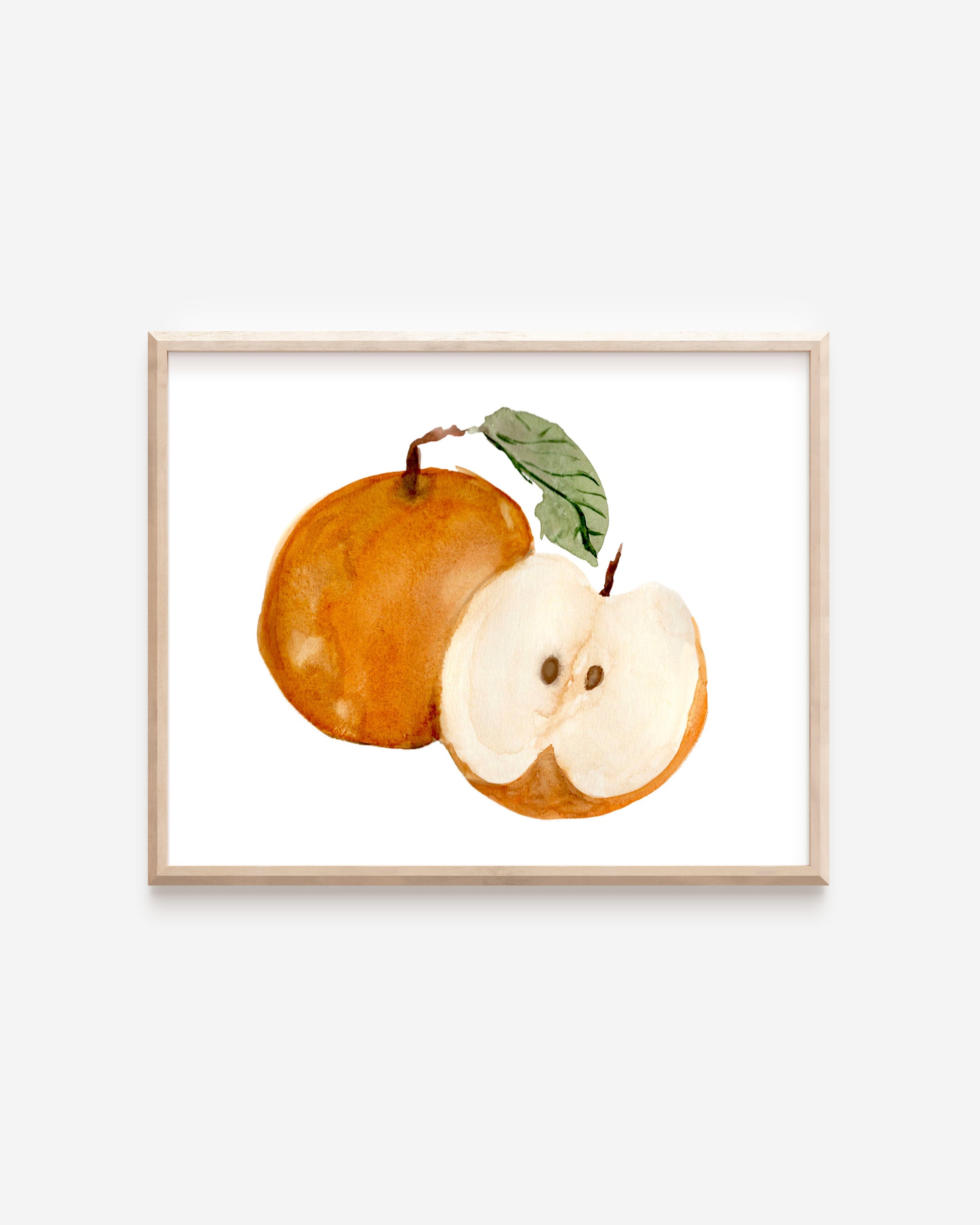 A watercolor print of an Asian pear.