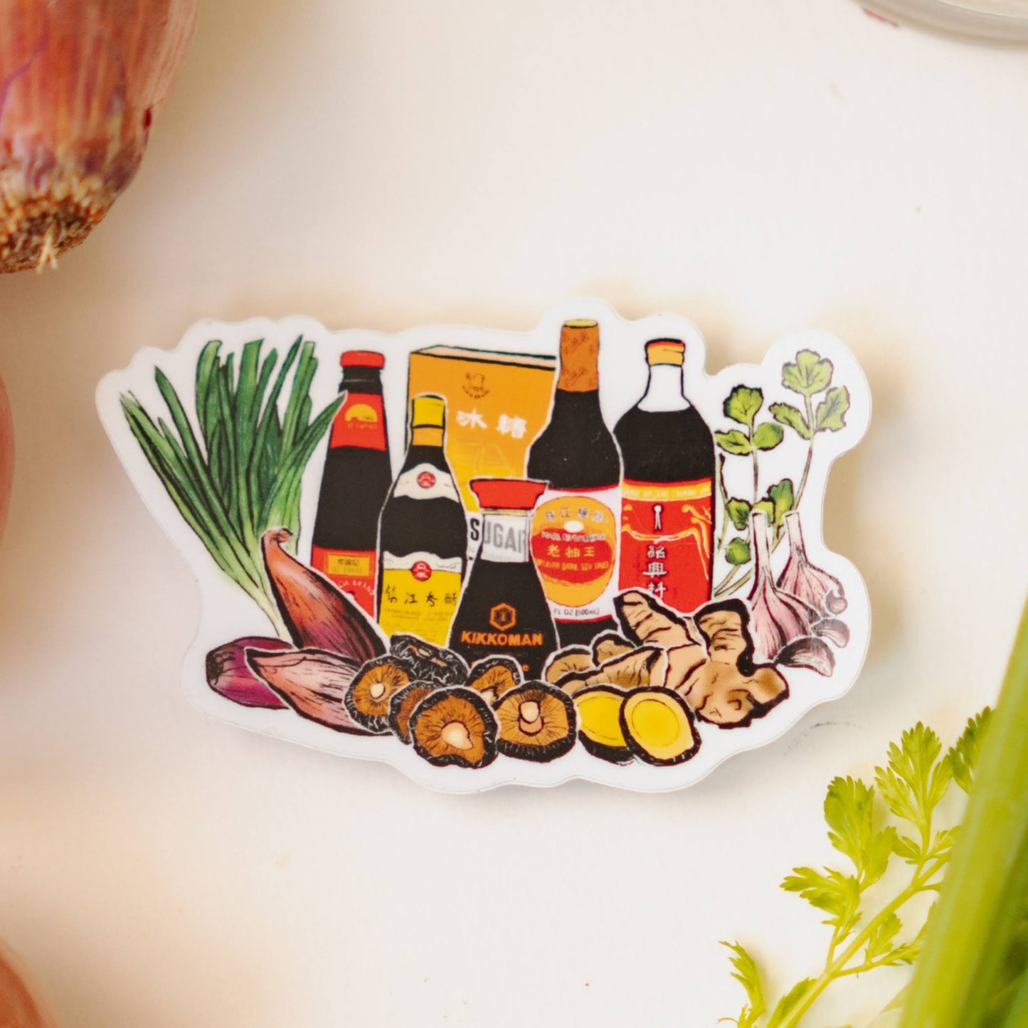 A white sticker with light and dark soy sauce, oyster sauce, Chinkiang vinegar, Shaoxing wine, ginger, green onions, garlic, and shiitake mushrooms.