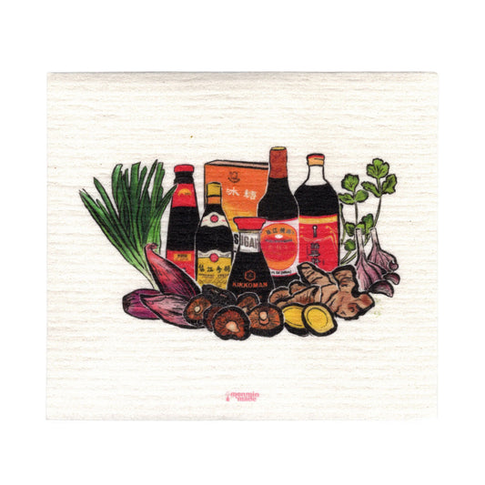 A textured, Swedish dishcloth with Asian sauces: light and dark soy sauce, oyster sauce, Chinkiang vinegar, Shaoxing wine, ginger, green onions, garlic, and shiitake mushrooms.