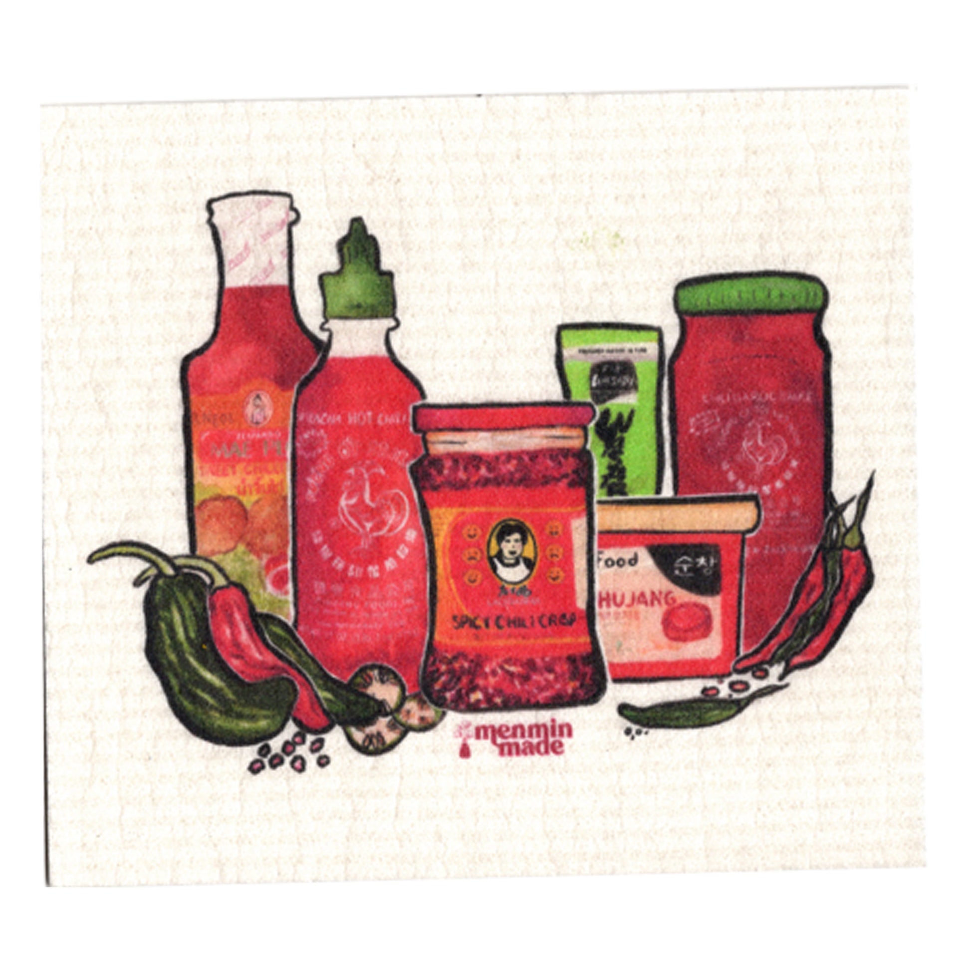 Swedish dishcloth with red watercolor of Asian hot sauces: Lao Gan Ma, Sriracha, sweet Thai chili sauce, wasabi, gochujang, and garlic chili sauce