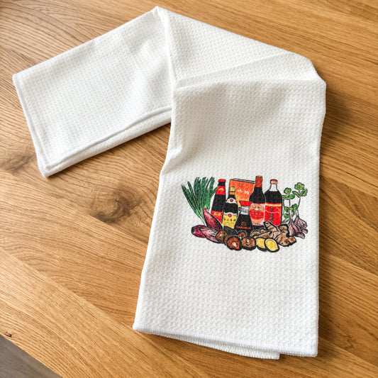 kitchen towel with watercolor of Asian sauces and vegetables