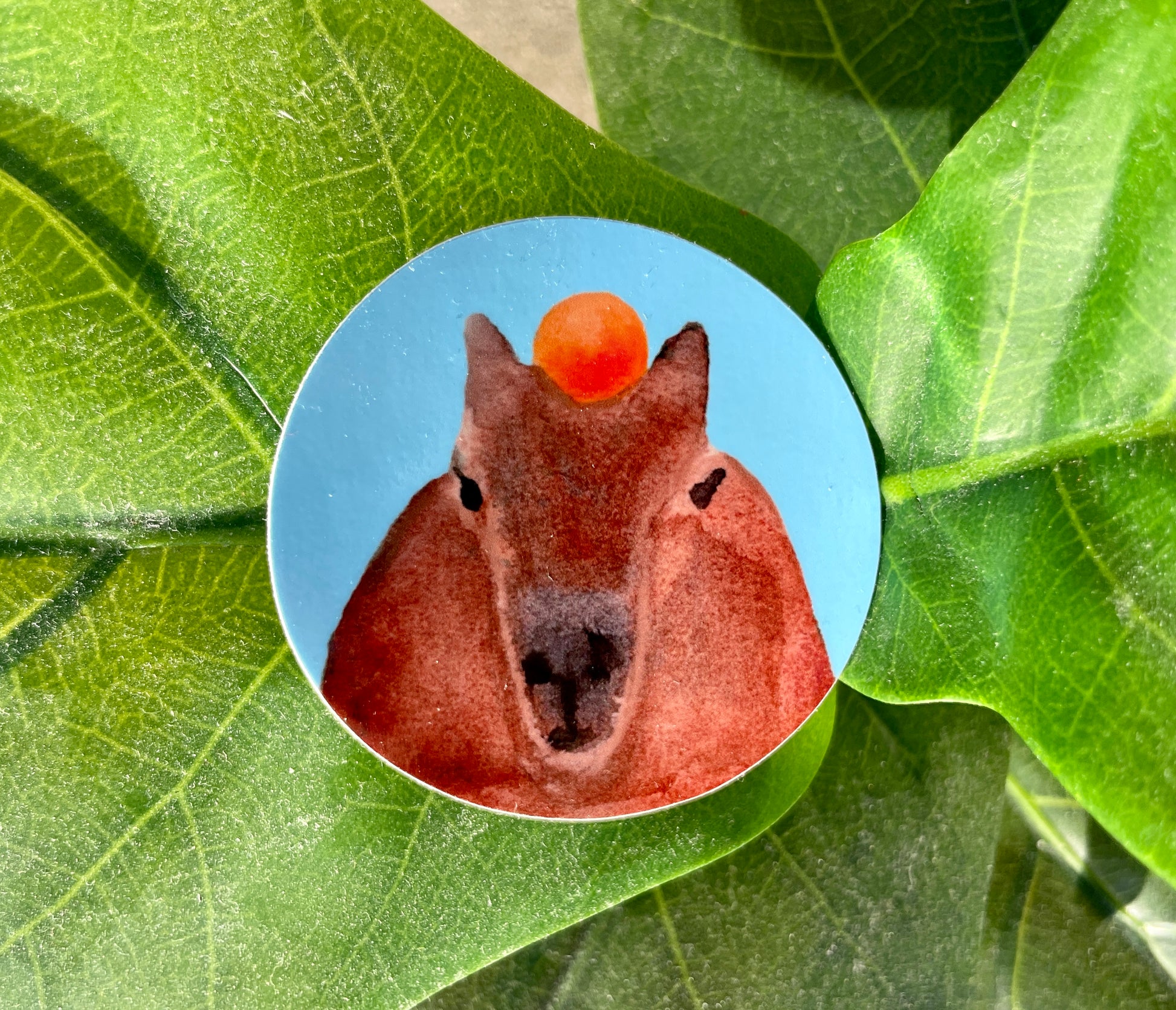 A round sticker of a capybara head on a light blue background, facing the viewer with an orange resting on its head.