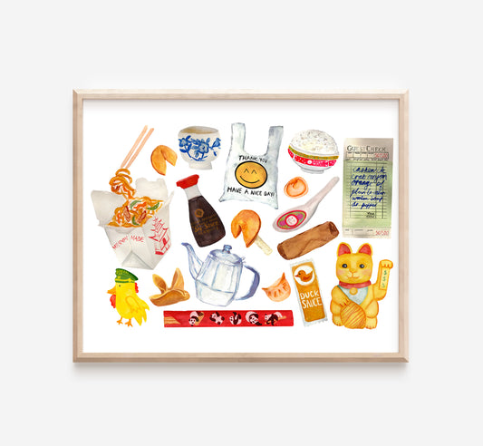 art print with traditional Chinese restaurant takeout items