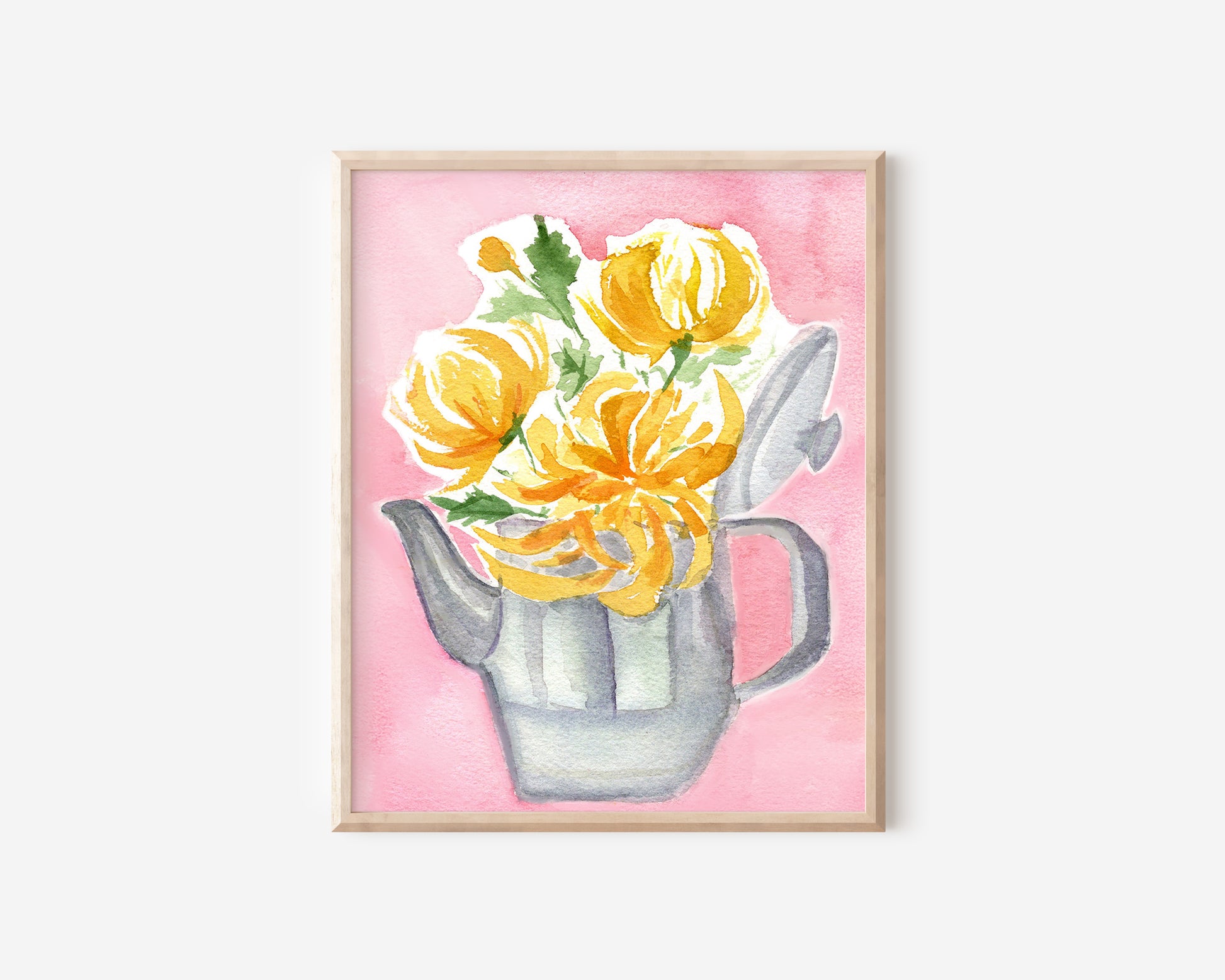 art print with chrysanthemum in a silver tea pot with pink background