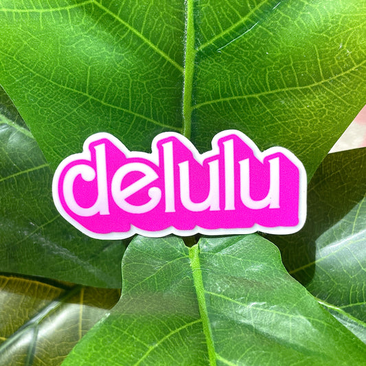 A pink and white sticker that reads "delulu" in a Barbie-like font.