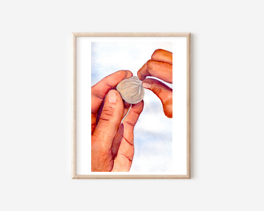 A watercolor print of two hands folding a pleated dumpling and finishing it with a twist.