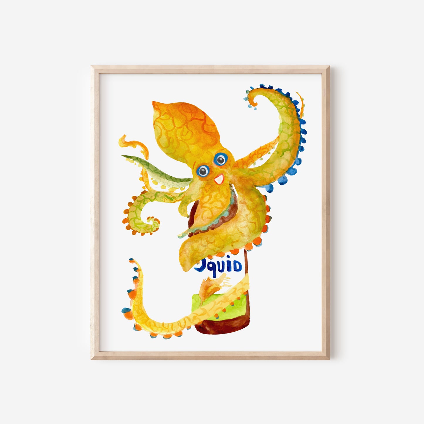 An art print of a yellow, smiling squid wrapped around the top of a Squid brand fish sauce bottle.