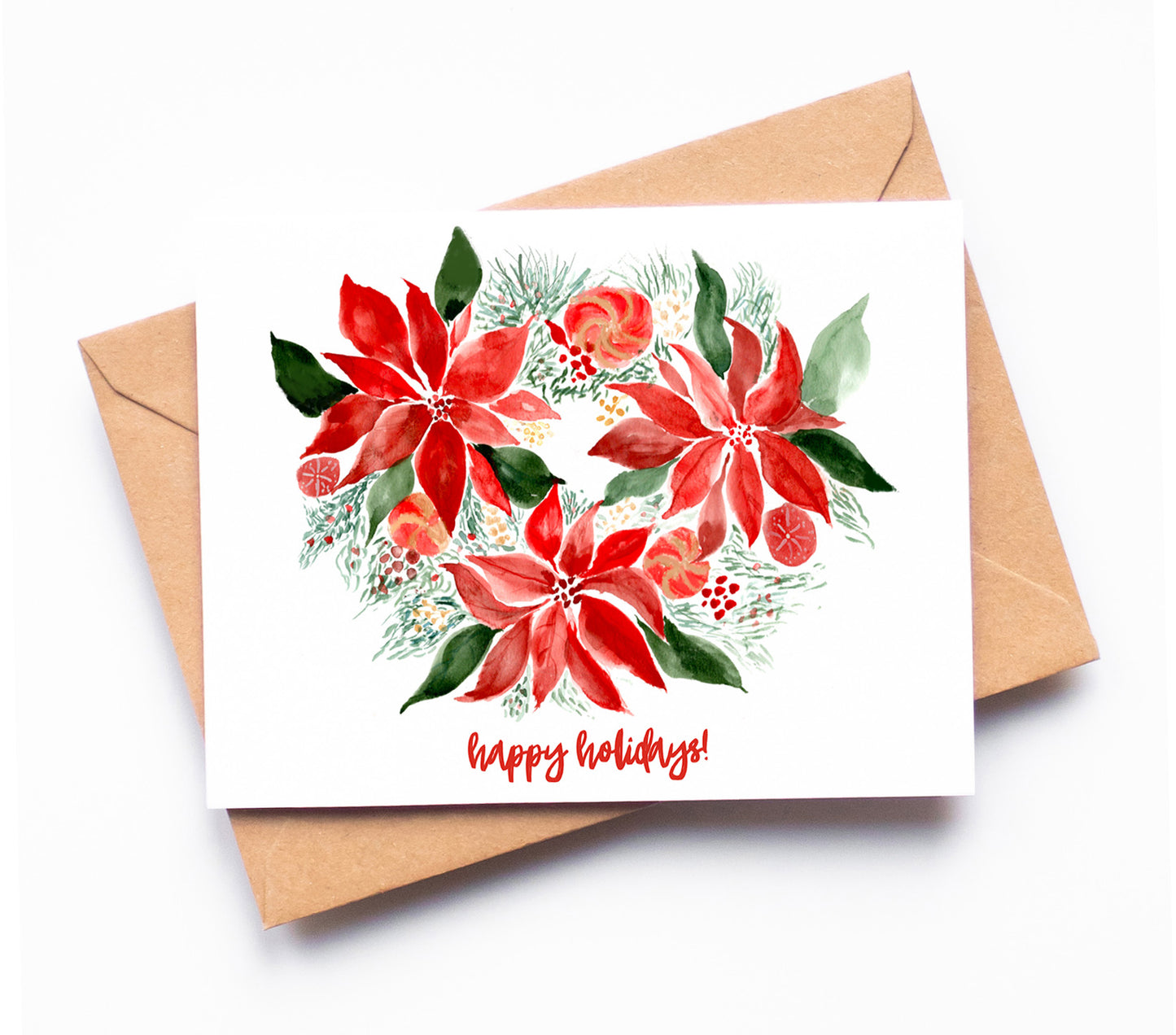 A white greeting card with green and red watercolor poinsettias and the words "happy holidays!" written on the bottom.