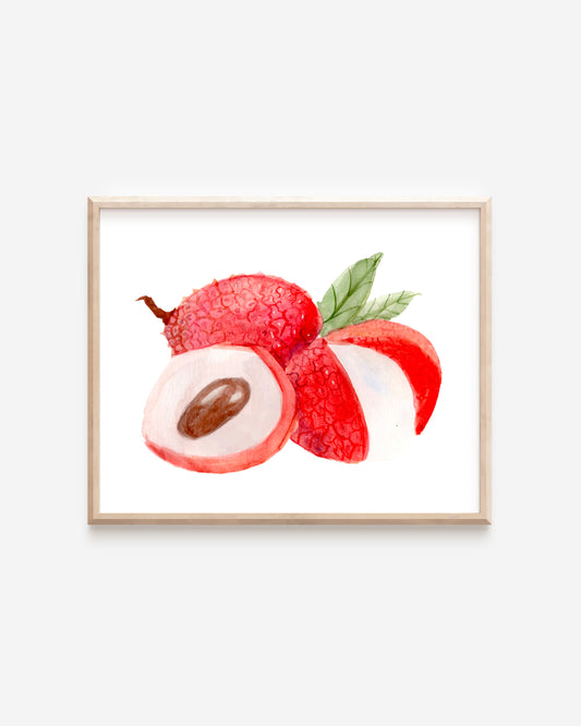 A watercolor print of red and white lychee fruit. Two lychees are peeled open to reveal a soft interior, and a pair of green leaves sprouts from one fruit.