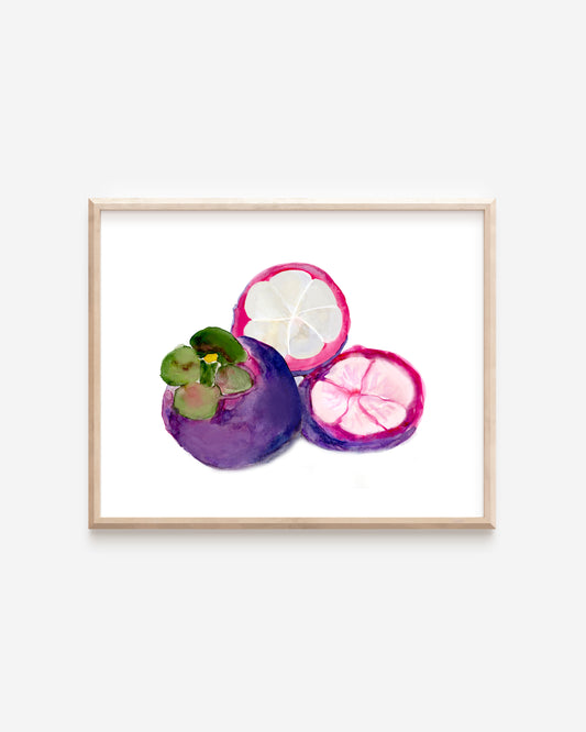 A purple and white mangosteen print. One mangosteen is cut open, exposing tender white slices of fruit inside.
