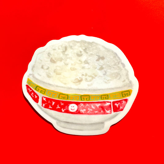 sticker of rice in a pink bowl with decorative patterns