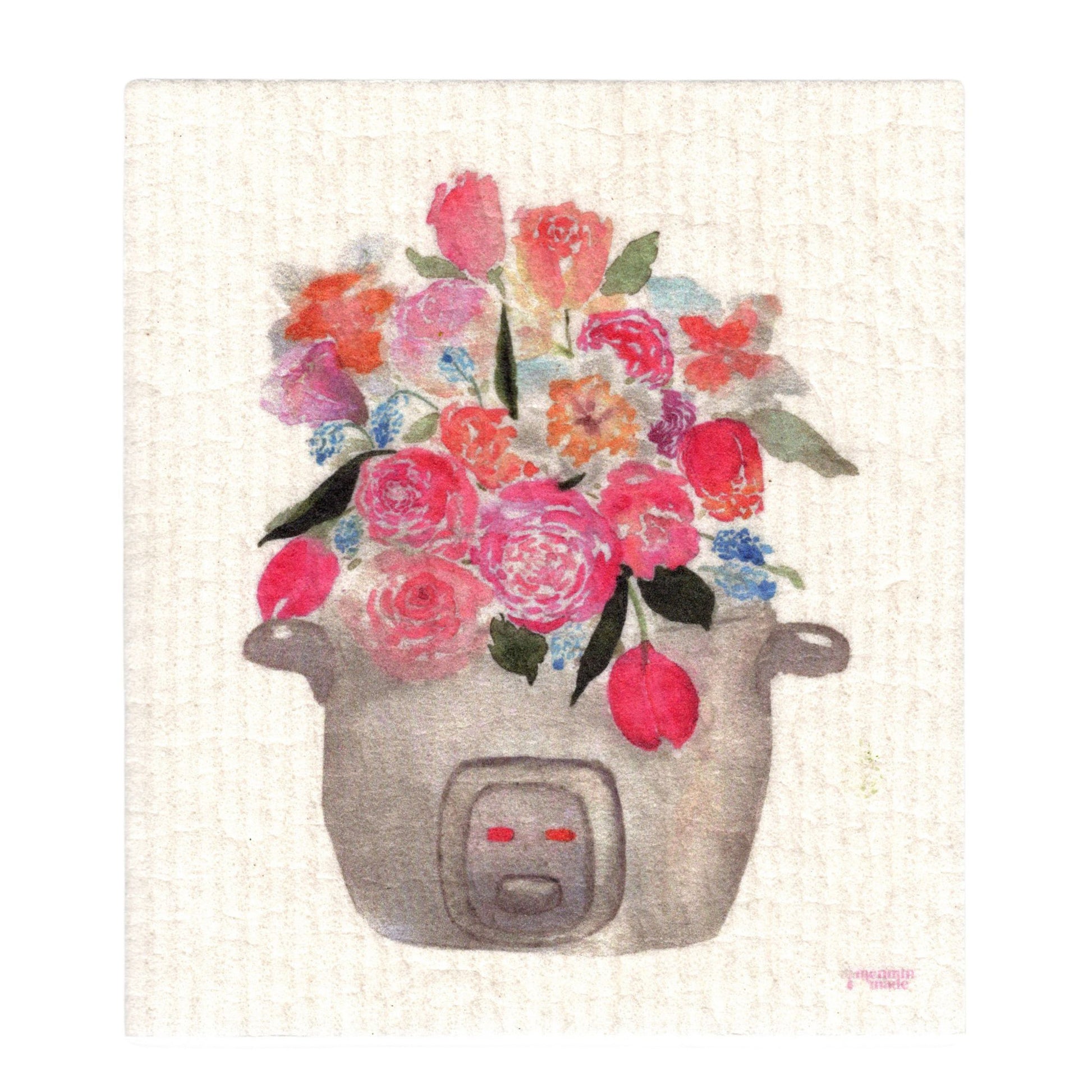 A textured Swedish dishcloth depicting a pink, blue, and white bouquet of tulips, roses, and other flowers sprouting out of a rice cooker.