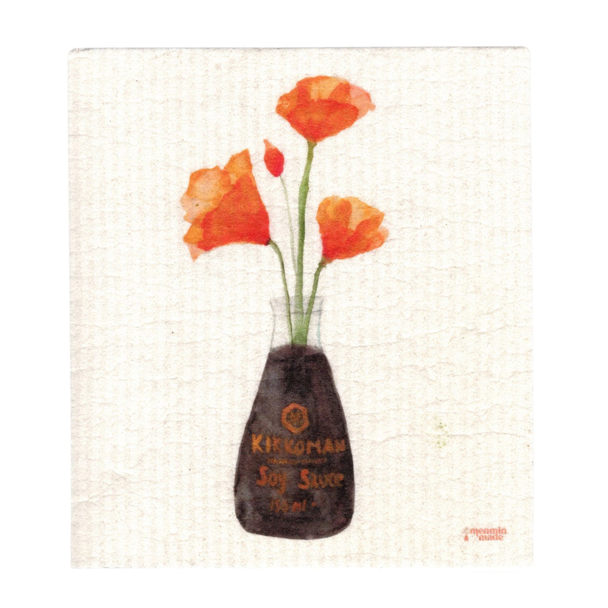 A white, textured Swedish dish cloth depicting four orange California poppies in a Kikkoman soy sauce bottle.