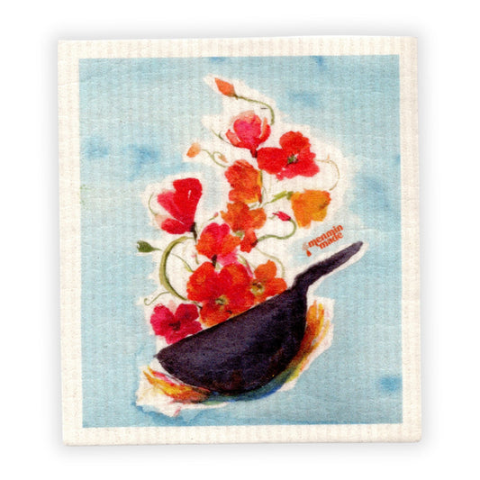 Swedish dishcloth with red and orange flowers blooming from a wok