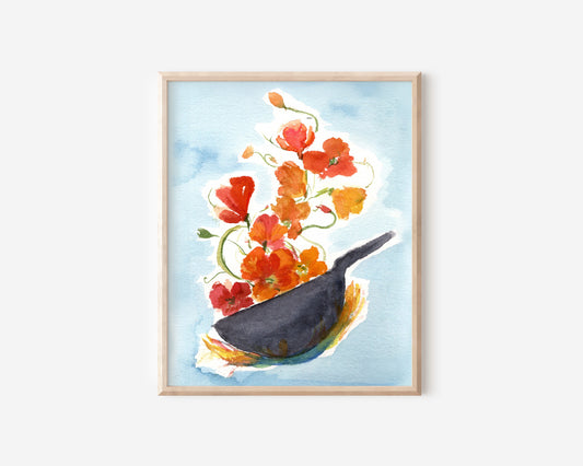 art print of flowers blooming from a wok with blue background