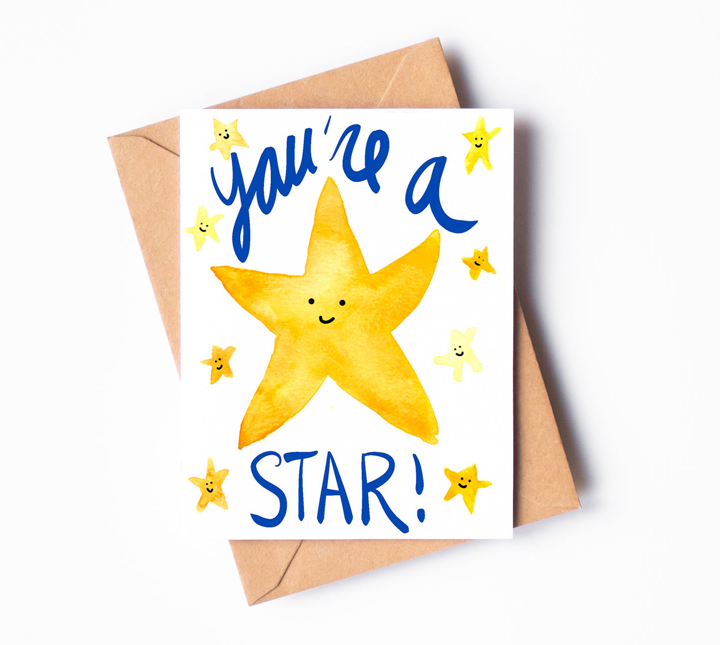 A greeting card featuring smiling yellow watercolor stars. "You're a star!" is written across the card in dark blue letters.