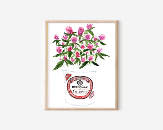Resilience Asian Florals Soy Sauce Print. A print depicting a bundle of pink globe amaranths inside a soy sauce bucket.