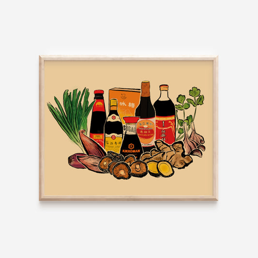 A beige watercolor print with light and dark soy sauce, oyster sauce, Chinkiang vinegar, Shaoxing wine, ginger, green onions, garlic, and shiitake mushrooms.