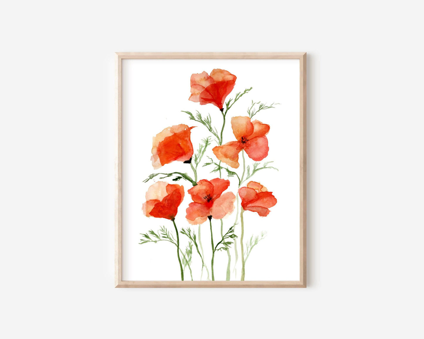 An art print of six red-orange California poppies in bloom.
