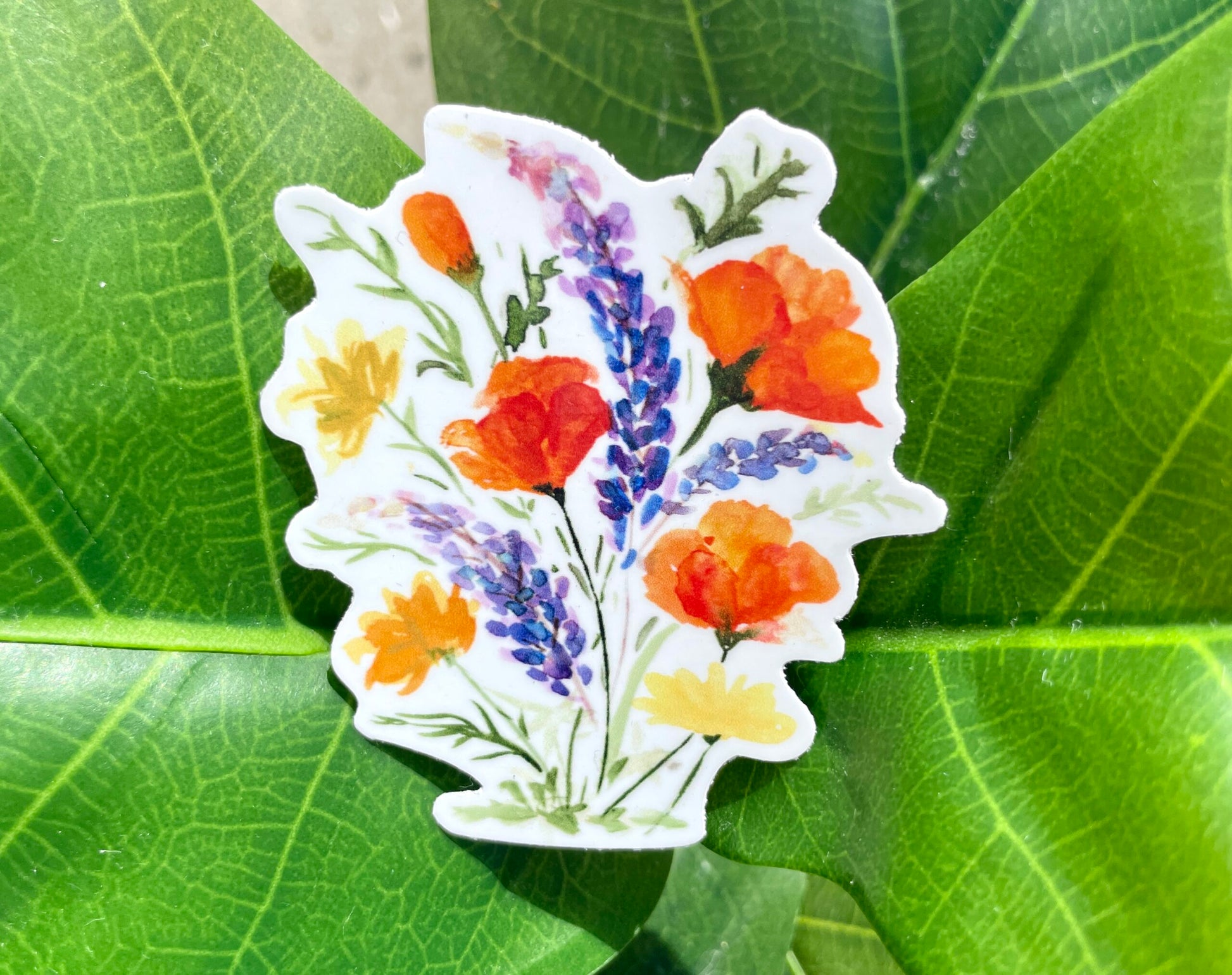 A white sticker of California poppies, California buttercups, and silver lupine.