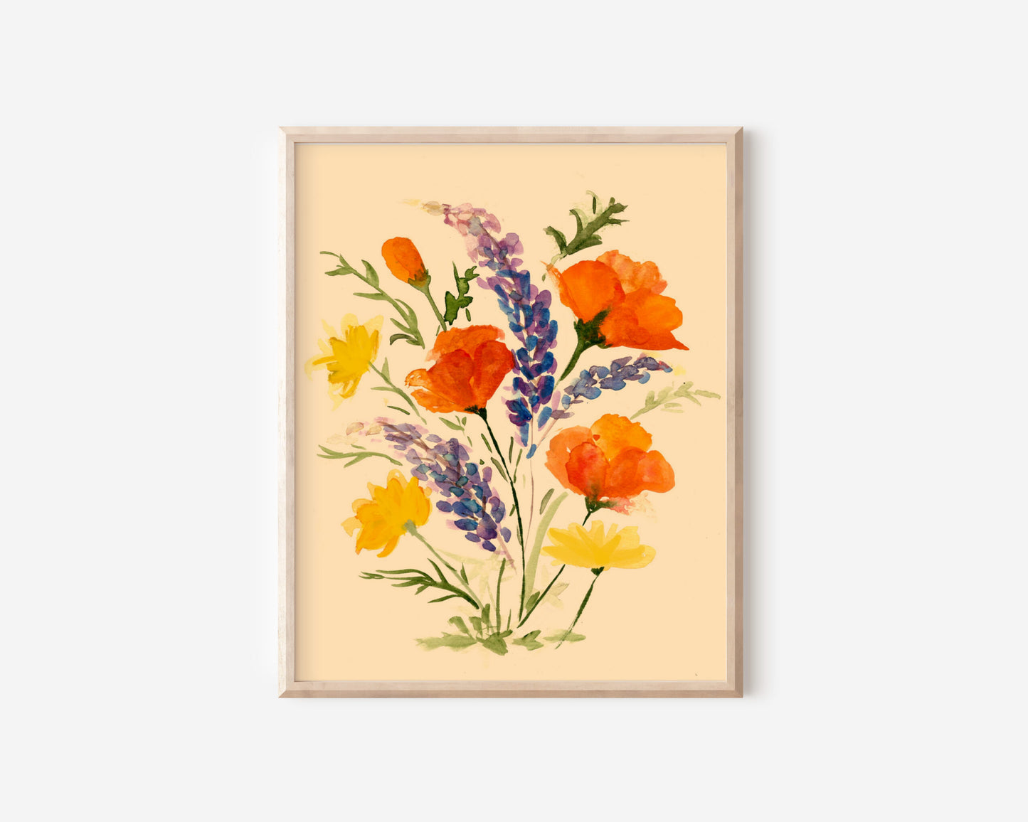 A colorful watercolor painting of California poppies, California buttercups, and silver lupine on a tan background.