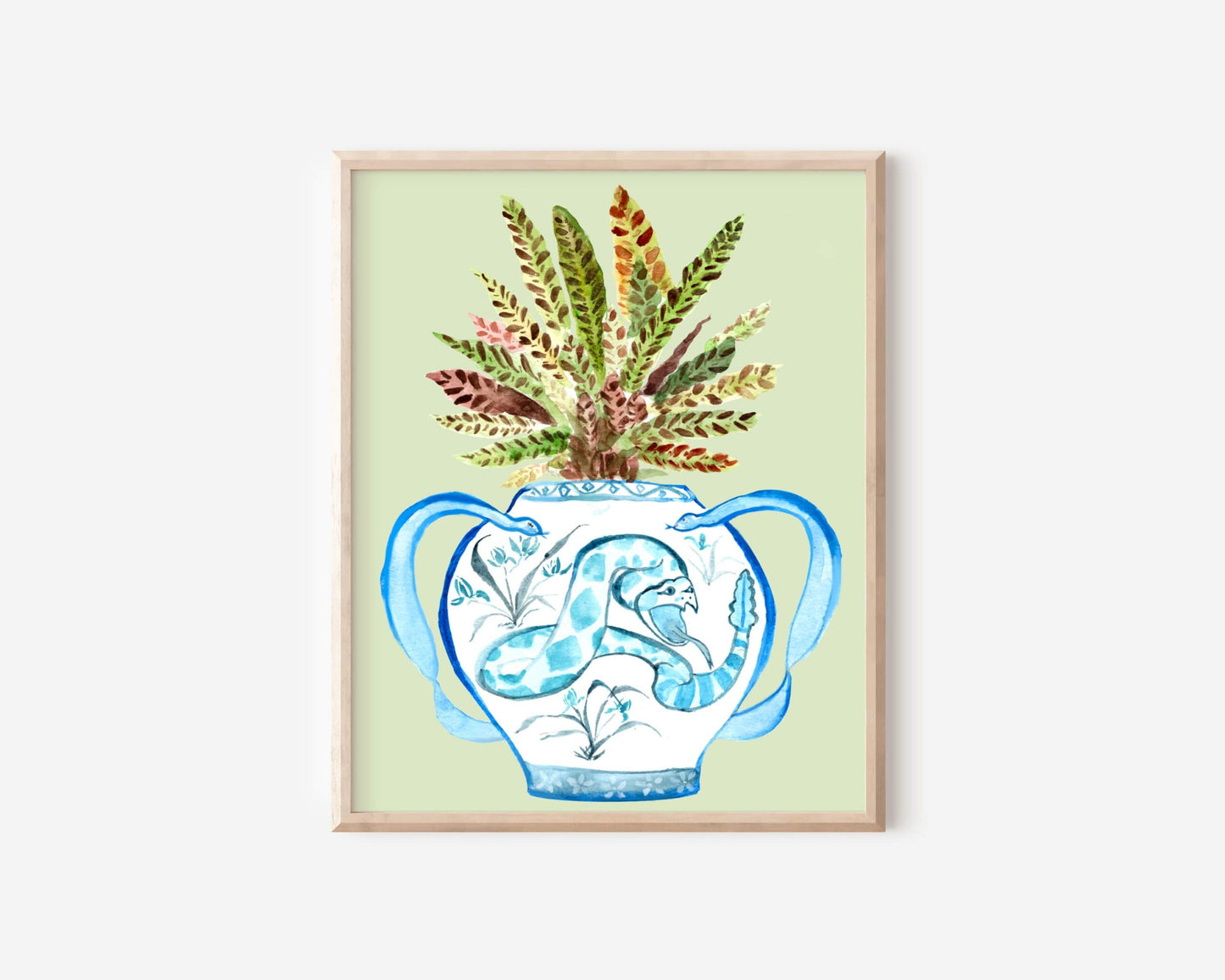 A print of a rattlesnake plant in a blue and white porcelain vase, decorated with a snake.