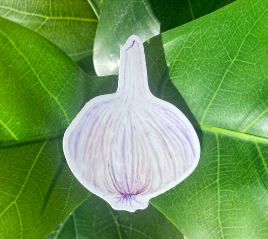 A light purple and white sticker of a garlic bulb.