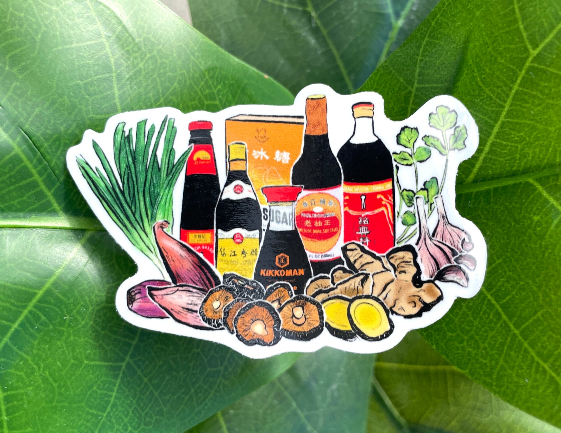 A white sticker with light and dark soy sauce, oyster sauce, Chinkiang vinegar, Shaoxing wine, ginger, green onions, garlic, and shiitake mushrooms.