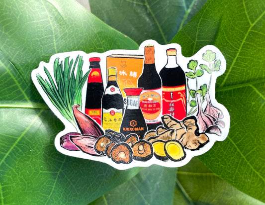 A white sticker with light and dark soy sauce, oyster sauce, Chinkiang vinegar, Shaoxing wine, ginger, green onions, garlic, and shiitake mushrooms.