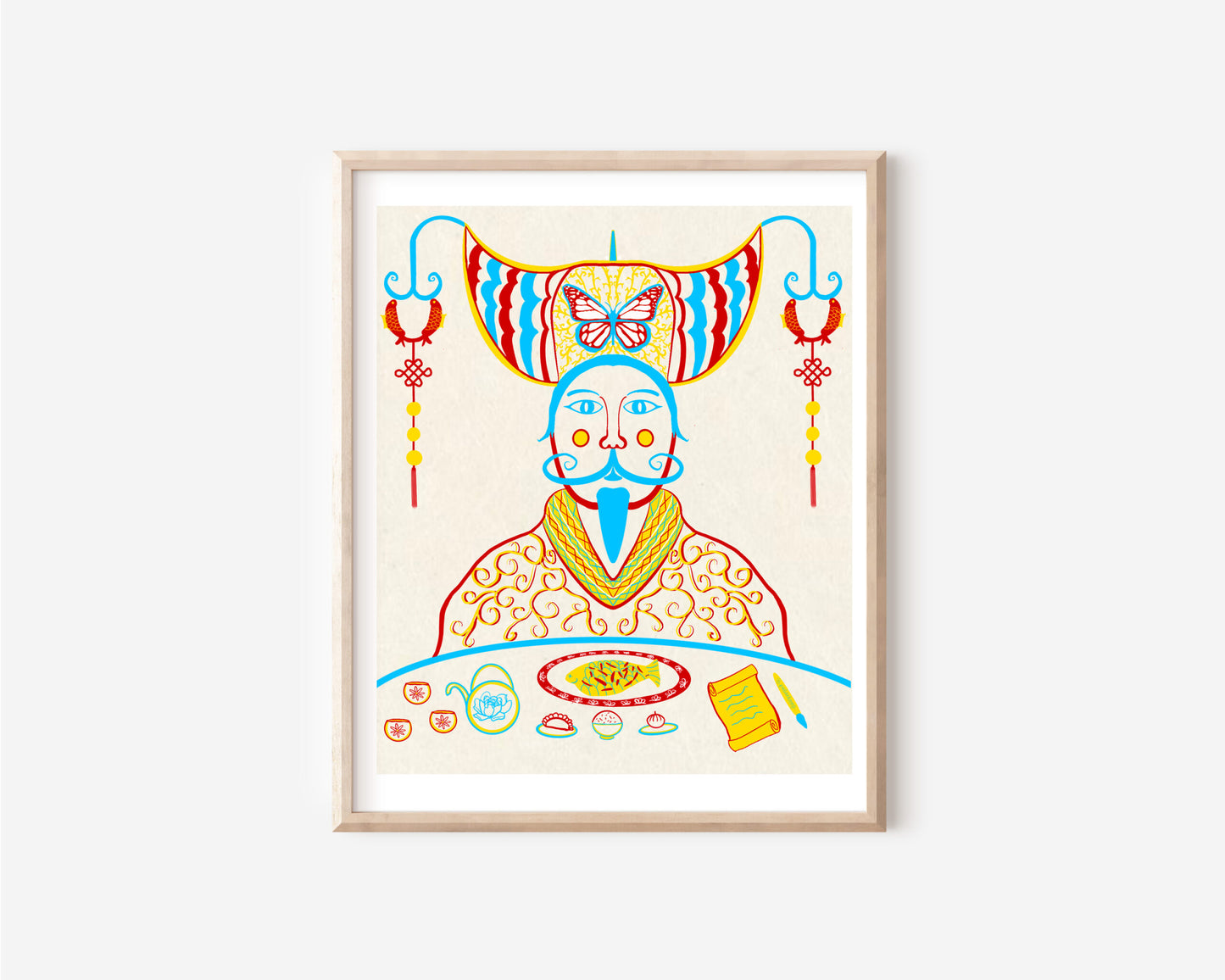 A red, yellow, blue, and green lineart print of Zao Shen, or the Kitchen God. The Kitchen God, adorned with prosperity knots, gold coins, and a butterfly on his headdress, sits in front of a table. On the table are cups of tea, a New Year's fish, other small bowls of food, and a report.