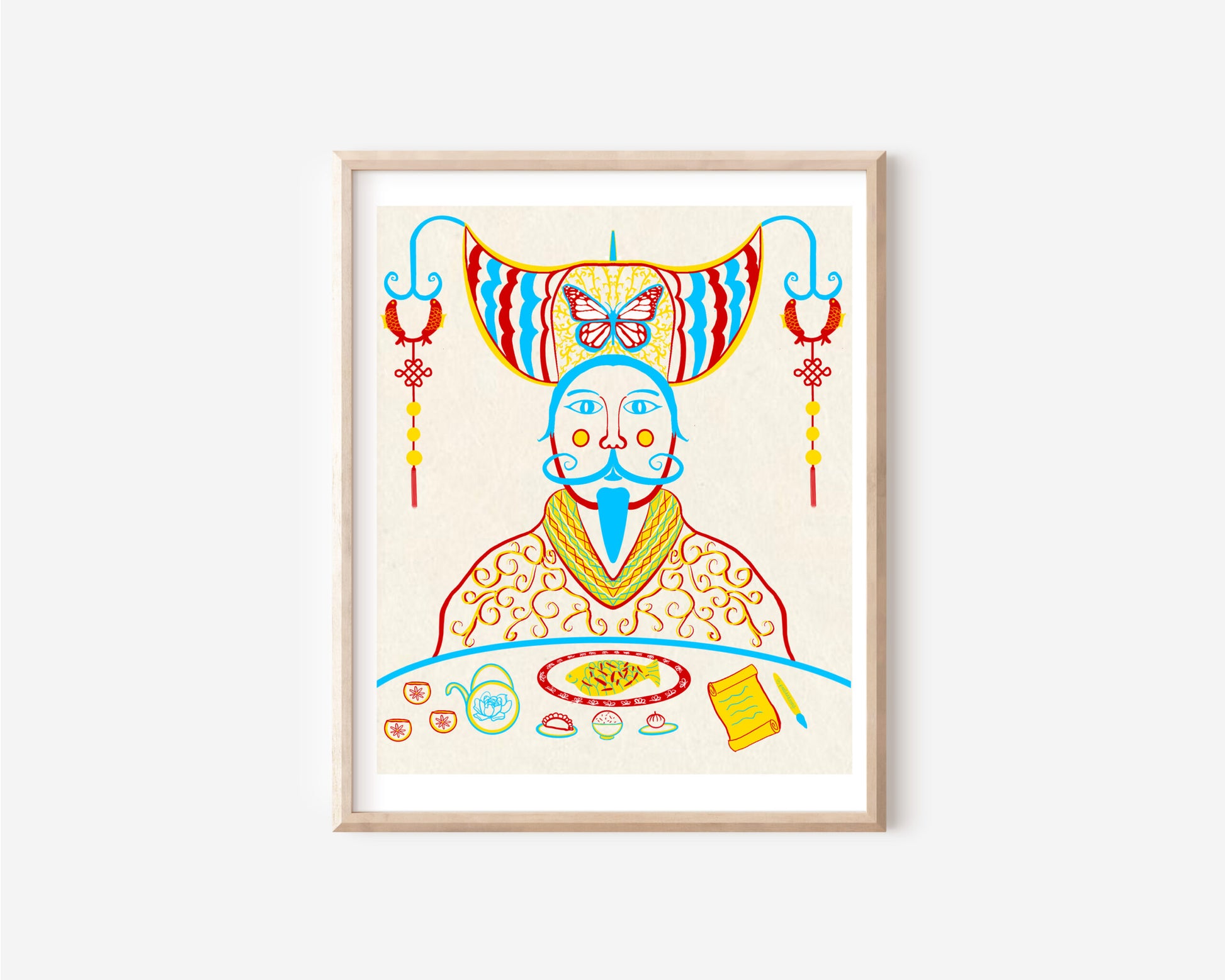 A red, yellow, blue, and green lineart print of Zao Shen, or the Kitchen God. The Kitchen God, adorned with prosperity knots, gold coins, and a butterfly on his headdress, sits in front of a table. On the table are cups of tea, a New Year's fish, other small bowls of food, and a report.