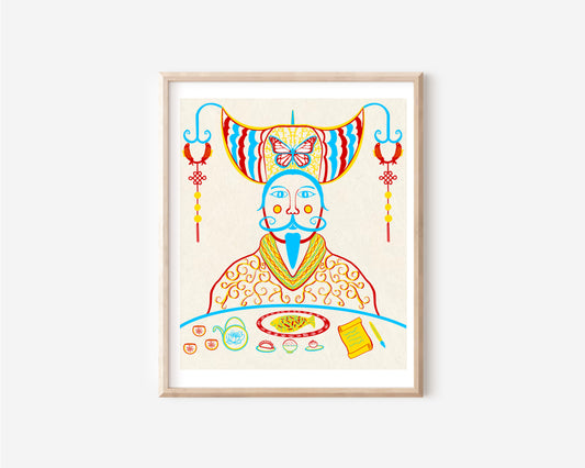 A red, yellow, blue, and green lineart print of Zao Shen, or the Kitchen God. The Kitchen God, adorned with prosperity knots, gold coins, and a butterfly on his headdress, sits in front of a table. On the table are cups of tea, a New Year's fish, other small bowls of food, and a report.