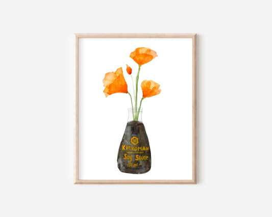A white print of four orange California poppies in a Kikkoman soy sauce bottle.