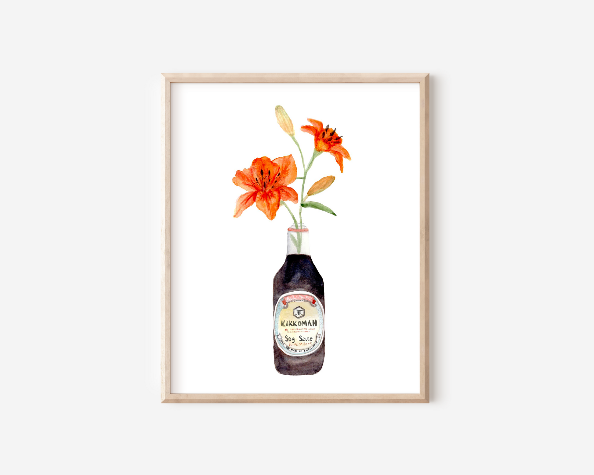 A watercolor art print of two orange tiger lilies in a Kikkoman soy sauce bottle.