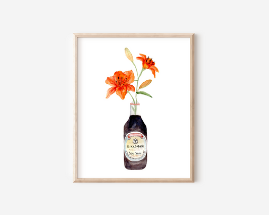 A watercolor art print of two orange tiger lilies in a Kikkoman soy sauce bottle.