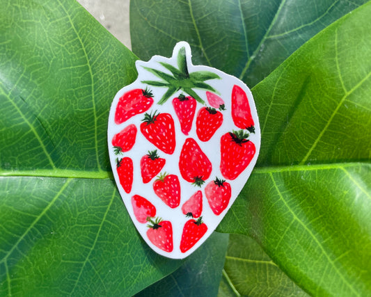 A watercolor sticker of several smaller, red strawberries making up one large strawberry.