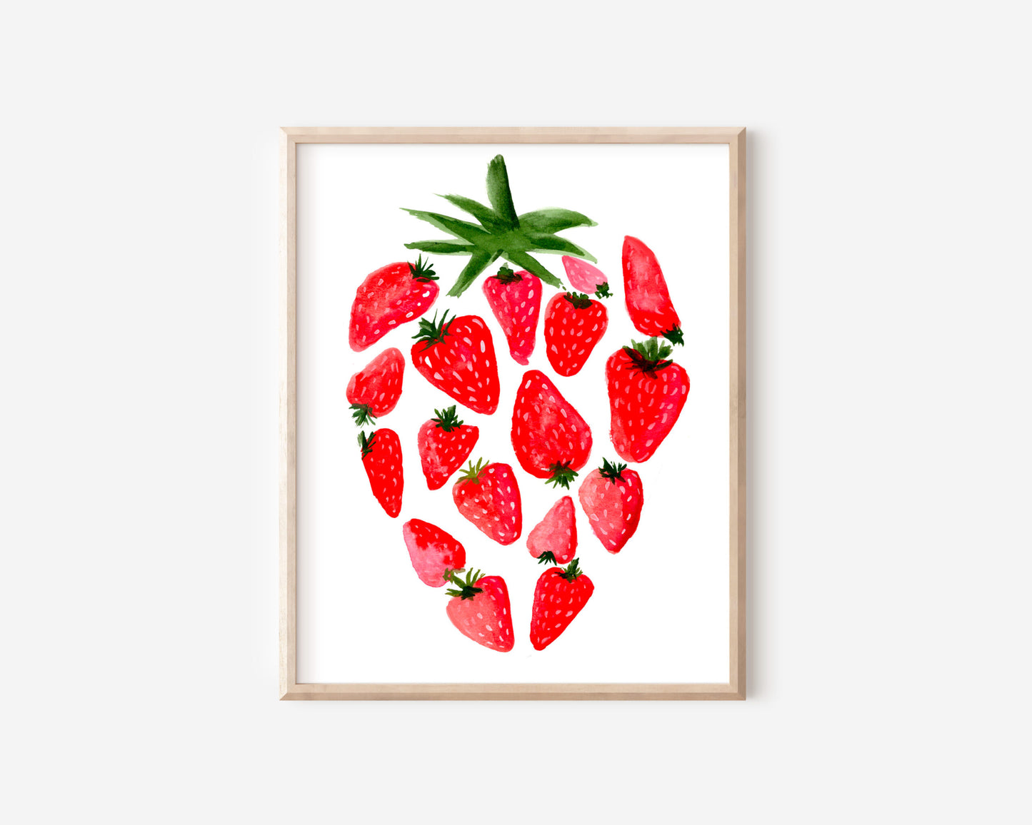 A watercolor print of several smaller, red strawberries making up one large strawberry.