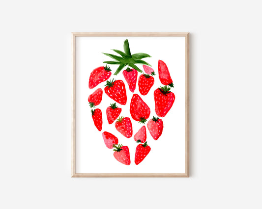 A watercolor print of several smaller, red strawberries making up one large strawberry.