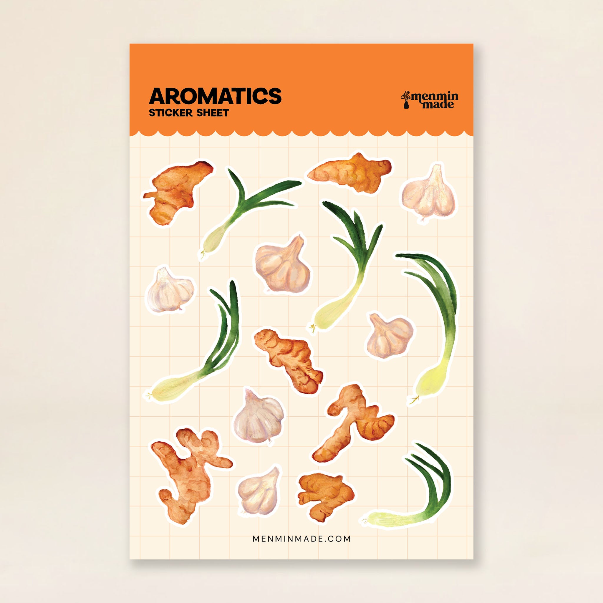 Aromatics sticker sheet with ginger, garlic and scallion stickers by Menmin Made