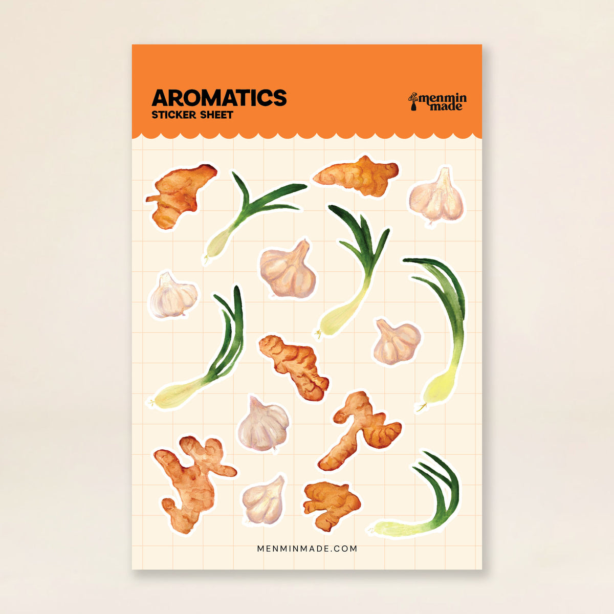 Aromatics sticker sheet with ginger, garlic and scallion stickers by Menmin Made