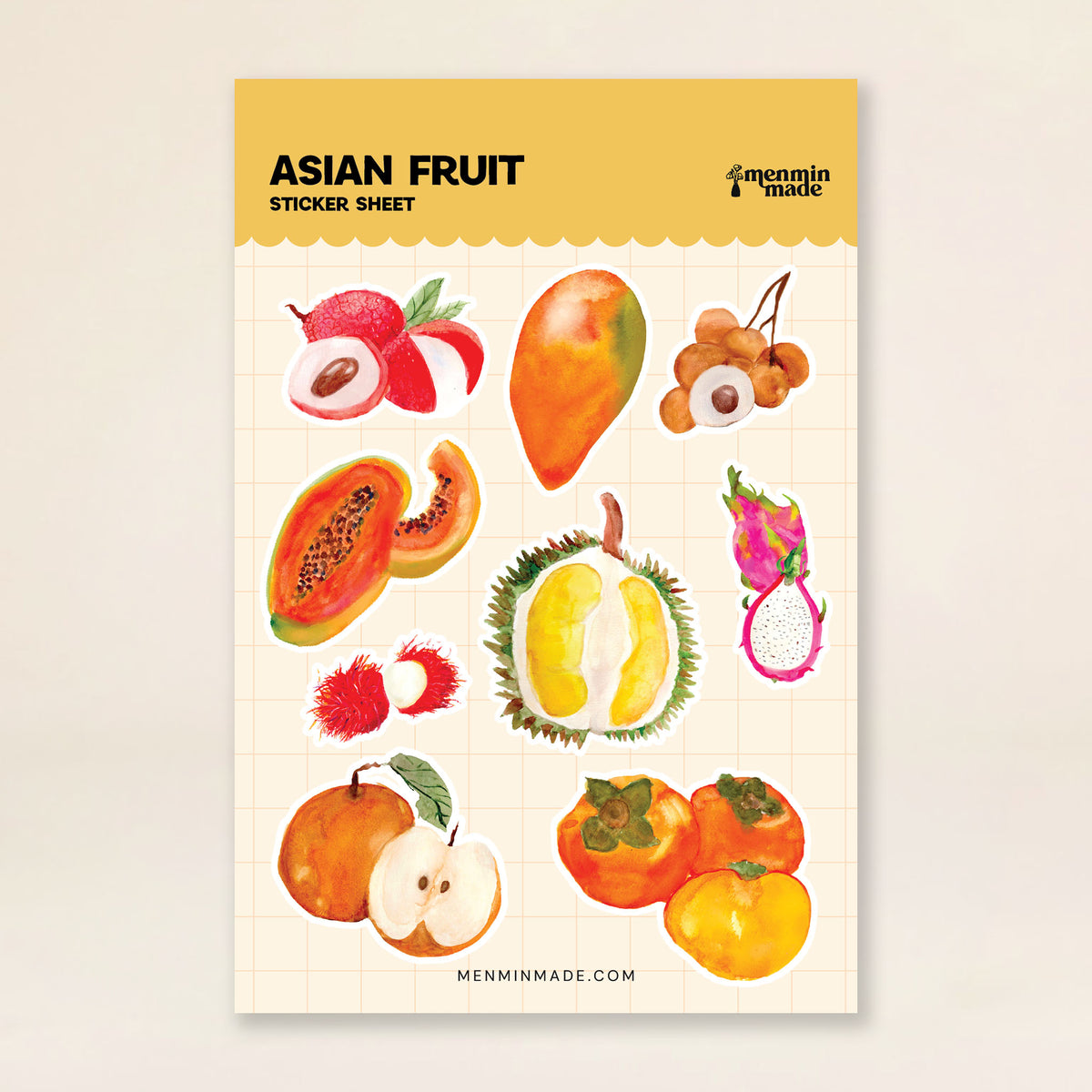 Asian Fruit sticker sheet with lychee, mango, durian and dragon fruit stickers by Menmin Made