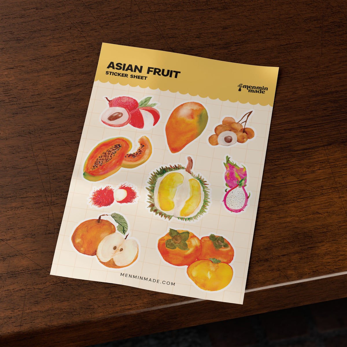 Asian Fruit sticker sheet on a wooden table