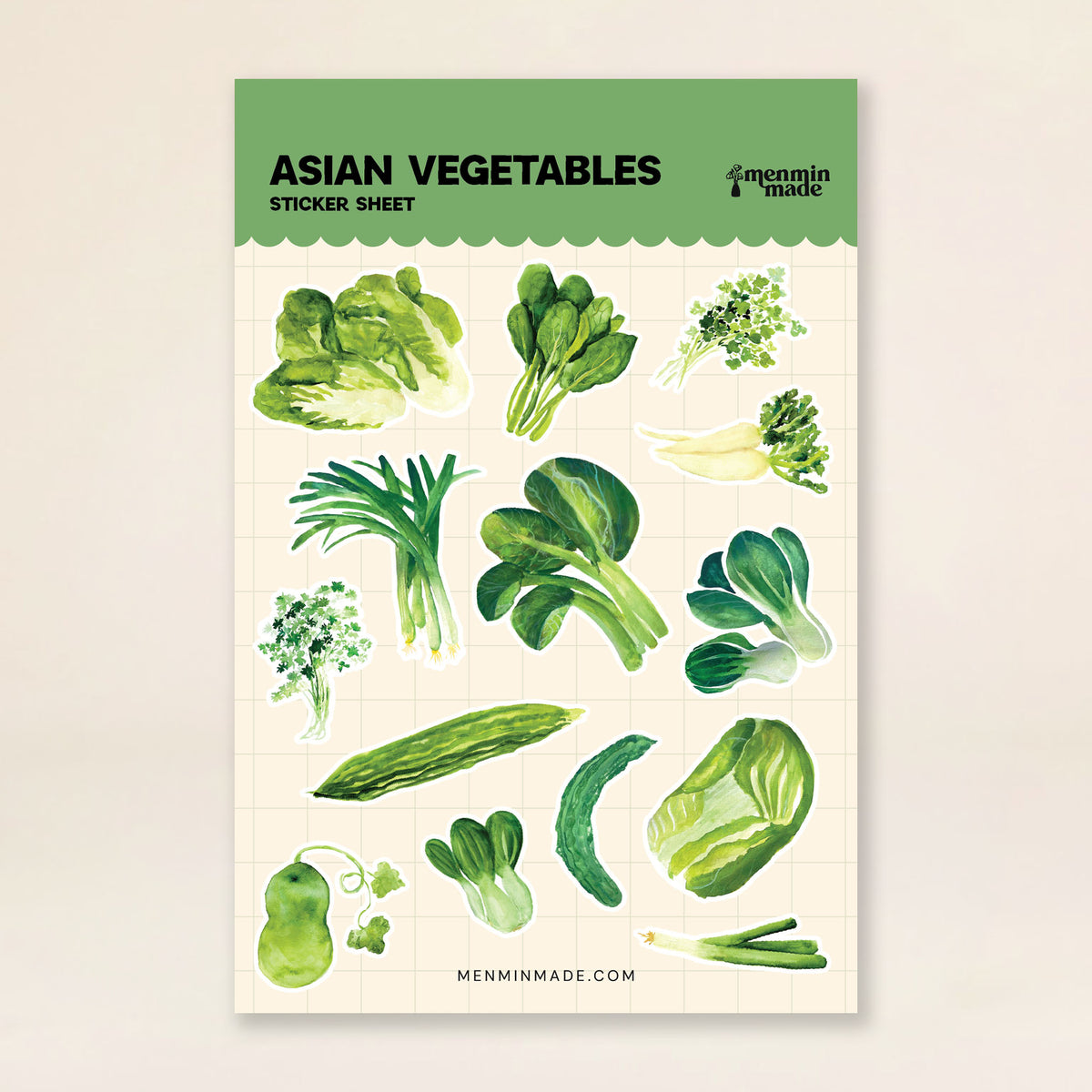 Asian Vegetables sticker sheet with bok choy, napa cabbage and cilantro stickers by Menmin Made