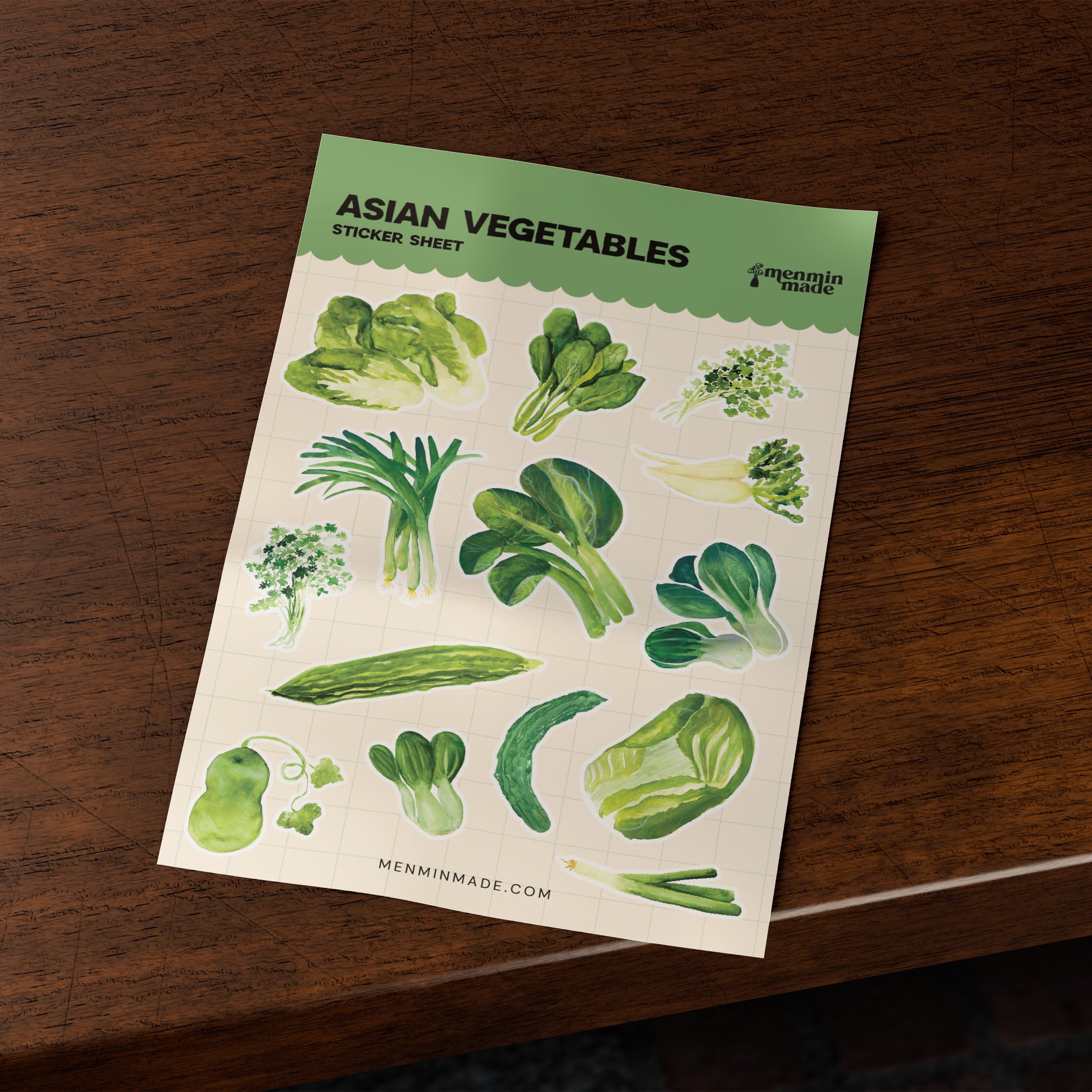 Asian Vegetables sticker sheet on a wooden table
