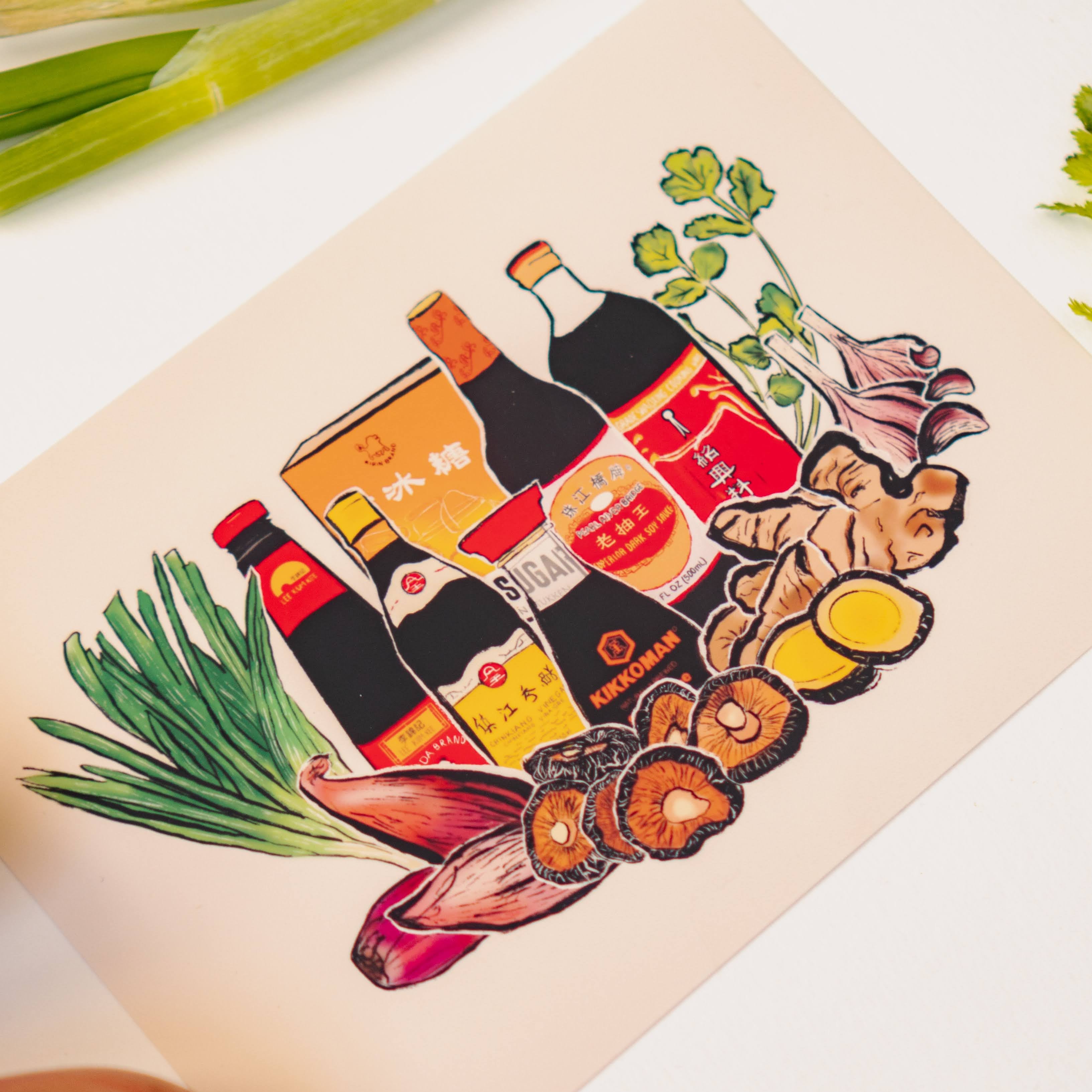 A beige watercolor print with light and dark soy sauce, oyster sauce, Chinkiang vinegar, Shaoxing wine, ginger, green onions, garlic, and shiitake mushrooms. 