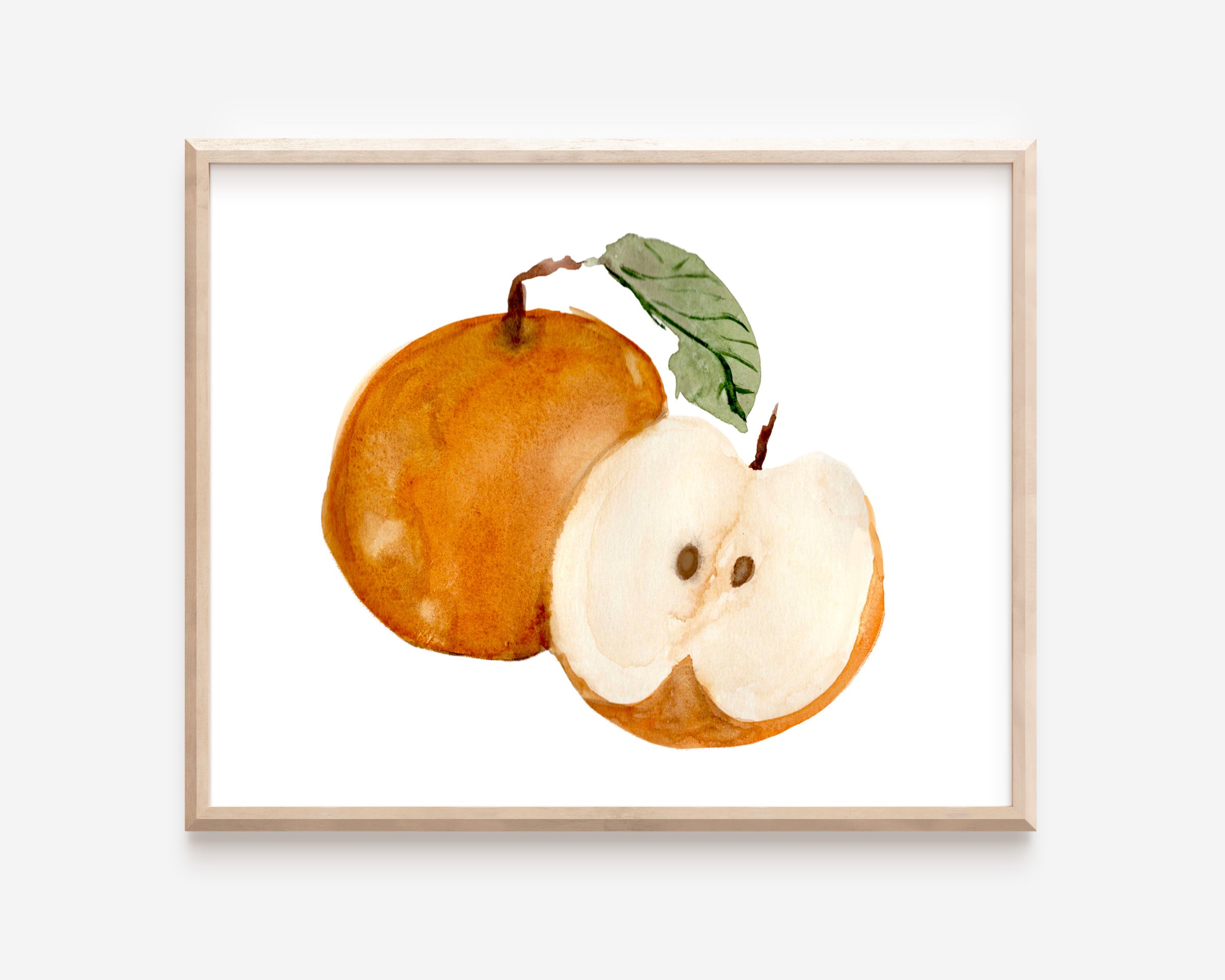 A watercolor print of an Asian pear.
