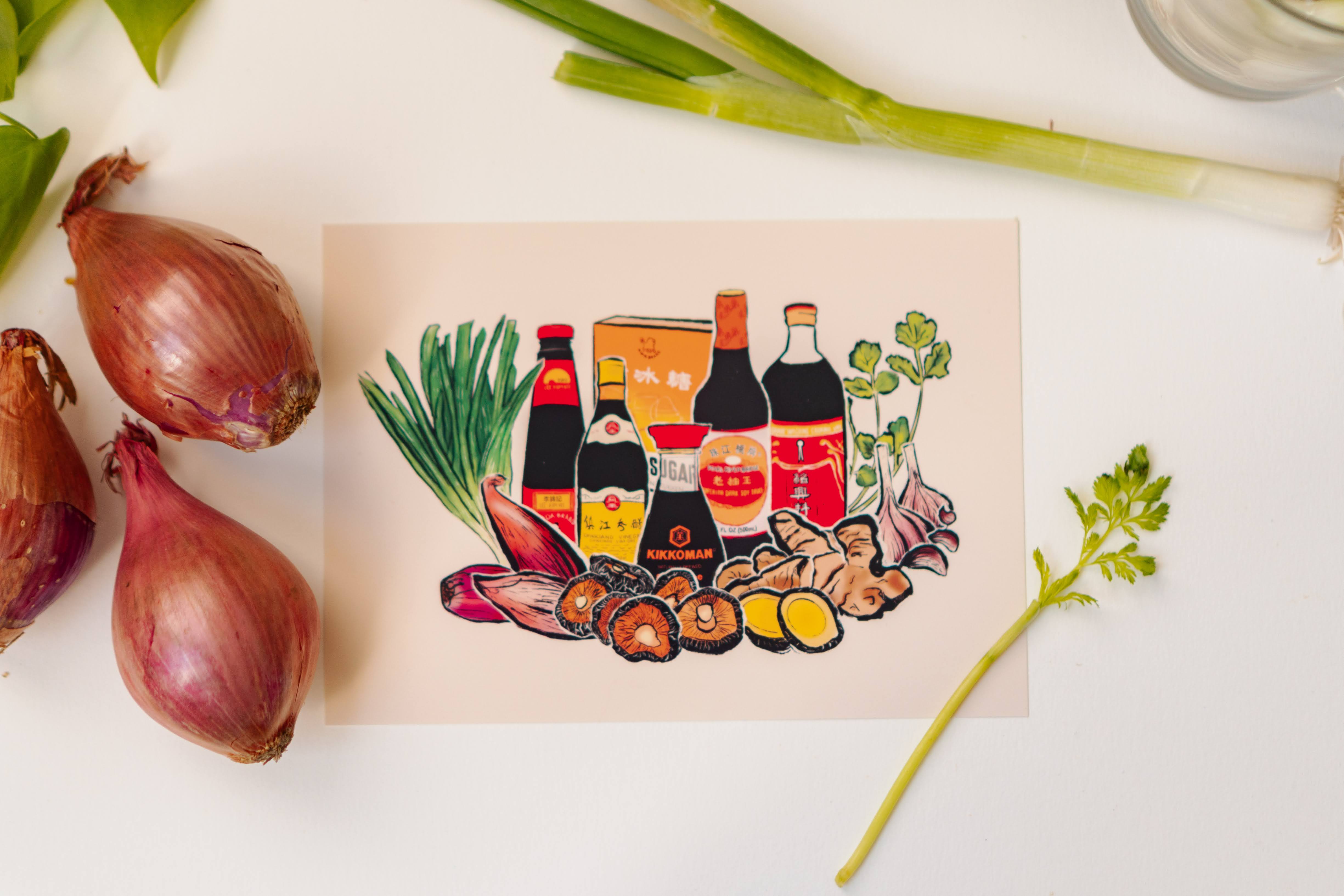 A beige watercolor print with light and dark soy sauce, oyster sauce, Chinkiang vinegar, Shaoxing wine, ginger, green onions, garlic, and shiitake mushrooms. 