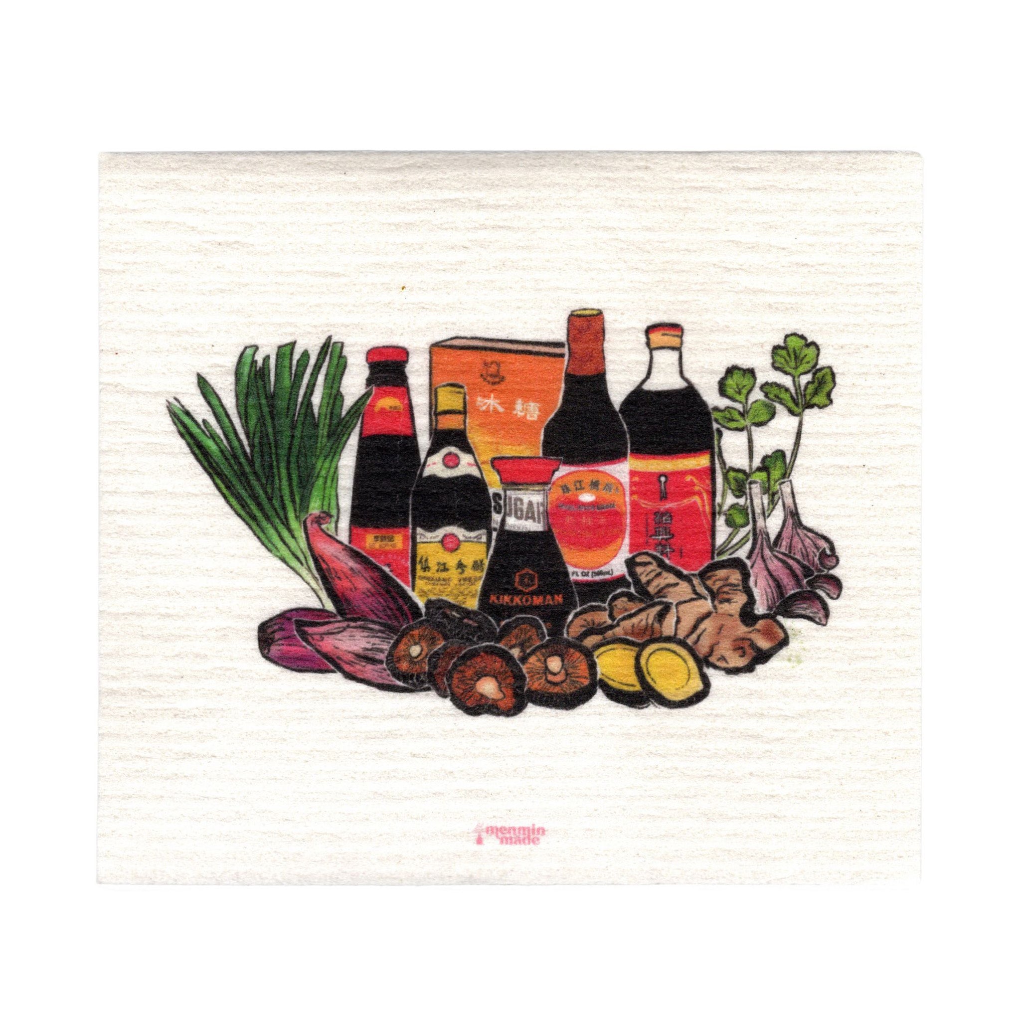 A textured, Swedish dishcloth with Asian sauces: light and dark soy sauce, oyster sauce, Chinkiang vinegar, Shaoxing wine, ginger, green onions, garlic, and shiitake mushrooms.