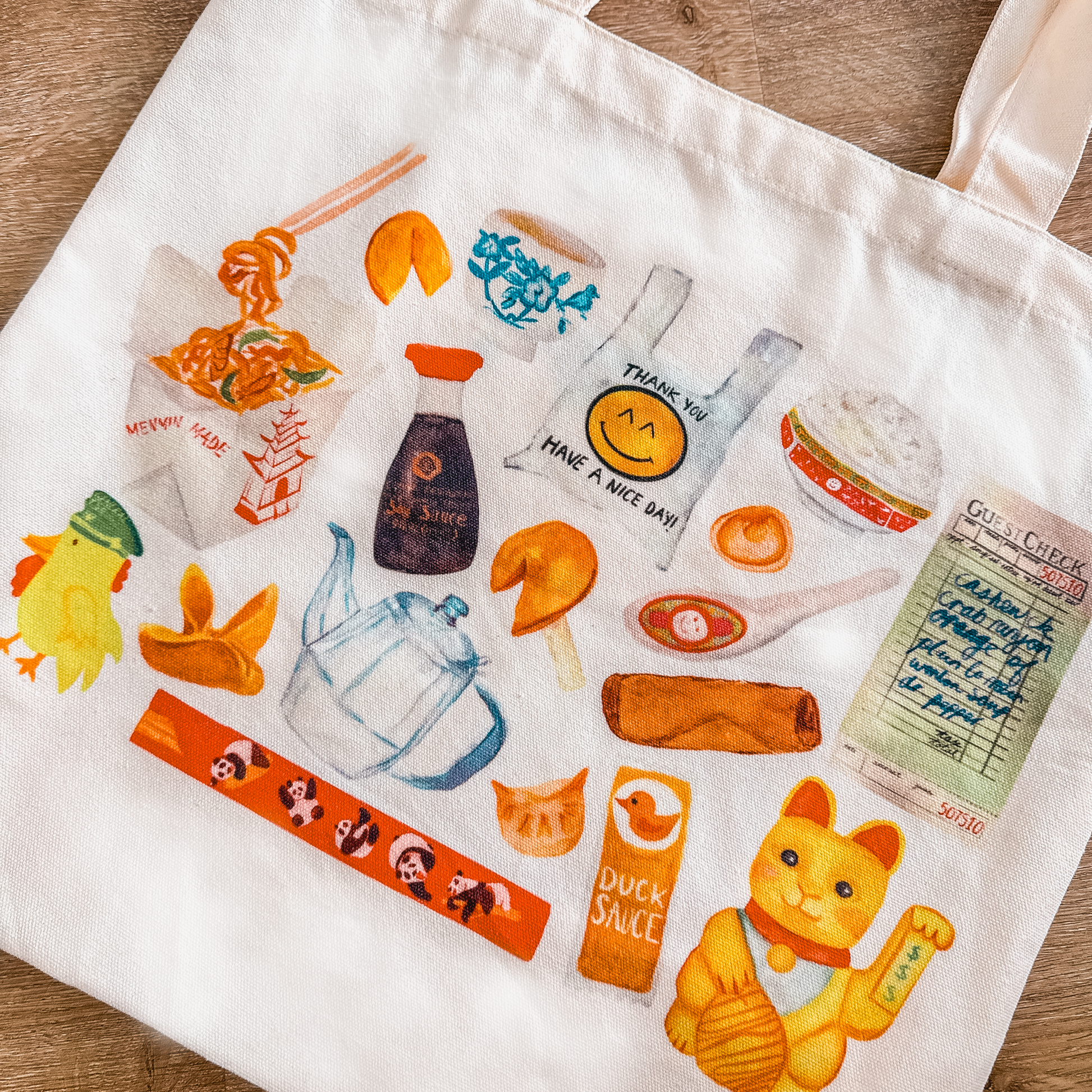tote bag with watercolor of classic Chinese takeout restaurant items